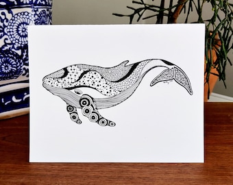 Pen and Ink / Black and White / Zentangle / Whale Blank Card