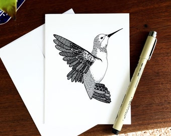 Pen and Ink / Black and White / Zentangle / Hummingbird Card