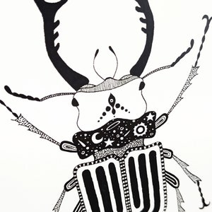 May include: Black and white line art illustration of a beetle with intricate details. The beetle has large antlers and a patterned body with a celestial design on its head.