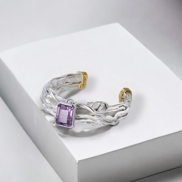 Amethyst Gemstone Cuff Bracelet, Handmade Statement Bracelet in Silver 925, One-Of-A-Kind Avant Garde Jewelry.