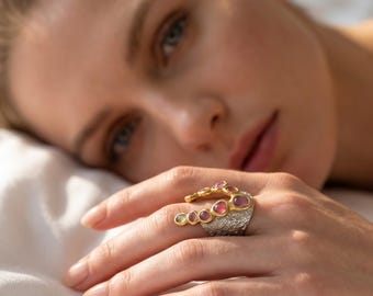Handcrafted Silver Raw Sapphire Ring | Avant Garde Designer Jewelry, Fashion Cocktail Ring, Two-Tone Multi Color Gemstone Jewelry