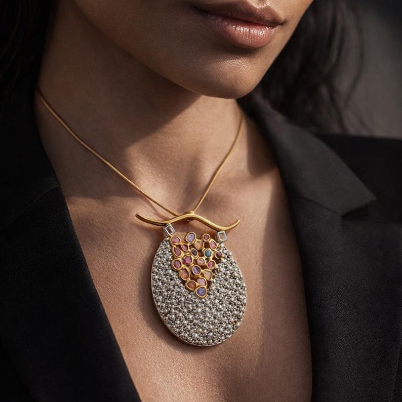 Natural Raw Sapphire Necklace | High-End Mixed Metal Pendant | Avant-Garde Artistic Jewelry | Luxury Wearable Art | Fine Statement Necklace image 3