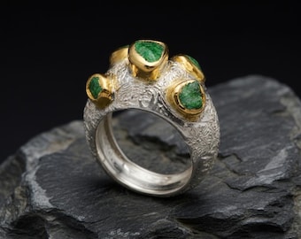 Bold Tsavorite Garnet Ring, Chunky Silver Dome Ring, Two-Tone Raw Gemstone Jewelry, Handmade Statement Gold Plated Jewelry