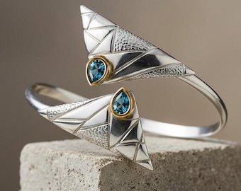Blue Topaz Cuff Bracelet, Sterling Silver Statement Jewelry, Adjustable Art Deco Bracelet, Handmade Gift for Her, Lightweight Modernist Cuff