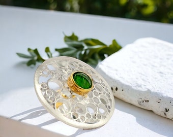 Chrome Diopside Statement Ring, Green Stone Silver Ring, Aesthetic Ring with Geometric design.