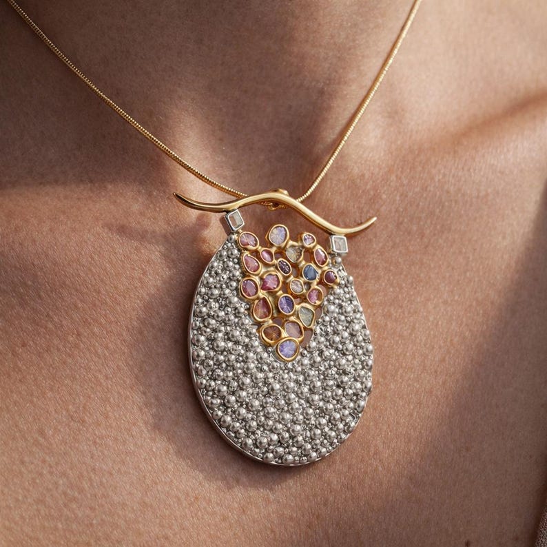 Natural Raw Sapphire Necklace | High-End Mixed Metal Pendant | Avant-Garde Artistic Jewelry | Luxury Wearable Art | Fine Statement Necklace image 2