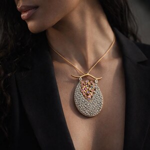 Natural Raw Sapphire Necklace | High-End Mixed Metal Pendant | Avant-Garde Artistic Jewelry | Luxury Wearable Art | Fine Statement Necklace image 7