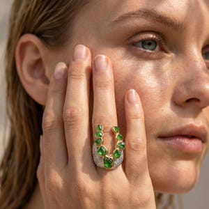 Raw Tsavorite Garnet Ring, Organic Textured Sterling Silver Statement Band, Unique U-Shape Green Gemstone Ring, Handmade Luxury Jewelry Gift