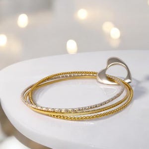 Golden Bracelet Bangle, Silver Heart Bracelet, Two-Tone Stacking Bangle, Luxury Gift for Women, Handmade Jewelry, Elegant Ladies Acce