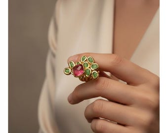 Pink Tourmaline Ring, Gold Cocktail Ring with Tsavorite, Multi-Gemstone Statement Piece, Custom Made Exclusive Jewelry, Modernist Jewelry
