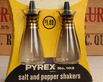 Pyrex Salt and Pepper Shaker 1960's Glass 14k Gold Decoration Unused in Original Packing -Set of 2