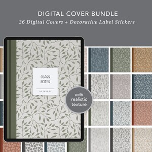 Peut inclure: Un lot de 36 couvertures numériques avec différents motifs de feuilles. Les couvertures sont conçues pour des cahiers et ont une texture réaliste. Le texte "CLASS NOTES" est visible sur l'une des couvertures.