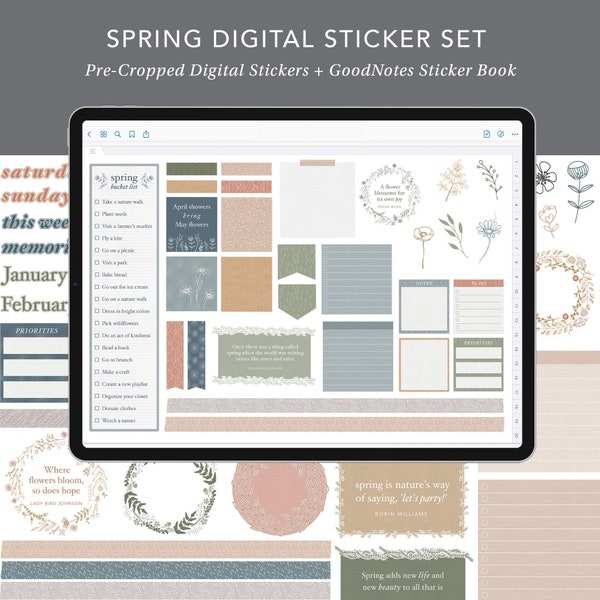 Spring Digital Planning Sticker Set | GoodNotes Stickers, GoodNotes Sticker Book, Digital Stickers, Spring Stickers, Flower Stickers