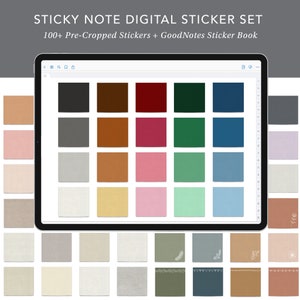 Op de afbeelding: Een digitale stickerset voor GoodNotes met meer dan 100 voorgeknipte sticky notes in verschillende kleuren en texturen. De notities worden weergegeven op een tabletscherm.