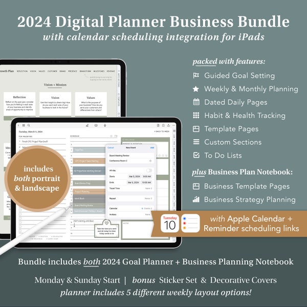 2024 Digital Planner Business Owner Bundle with Calendar Scheduling Links - GoodNotes Planner, iPad Planner, Business Planner, Daily Planner