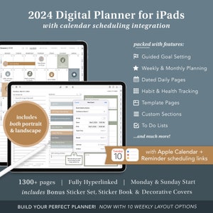 2024 Digital Planner with Calendar Scheduling Links - GoodNotes Planner, Notability Planner, Daily Planner, Weekly Planner, iPad Planner