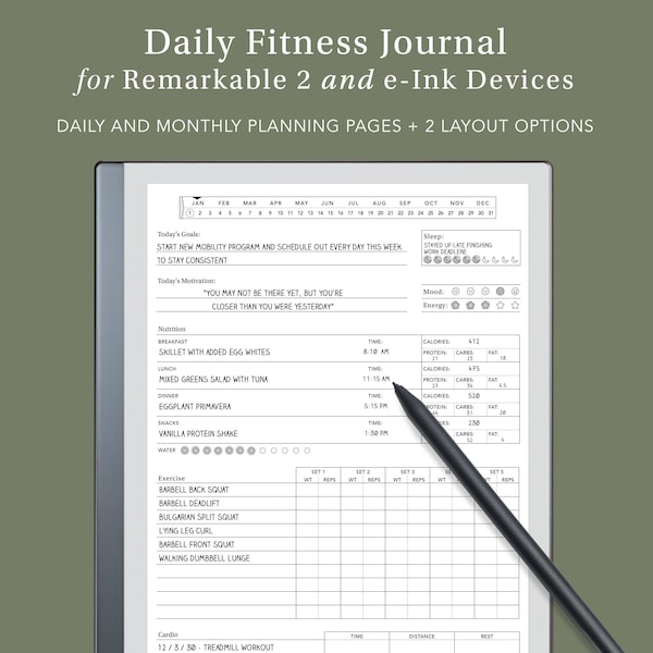 Fitness Journal for Remarkable and e-Ink Tablets | remarkable template, remarkable journal,  eink template, workout tracker, fitness tracker