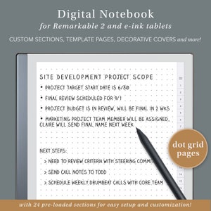 Könnte beinhalten: Digitales Notizbuch für Remarkable 2 und E-Ink-Tablets. Der Bildschirm zeigt einen Projektumfang mit Aufzählungspunkten und eine Punktgitterseite. Ein Stift liegt auf dem Bildschirm. Text enthält "dot grid pages" und "24 vorgeladene Abschnitte".