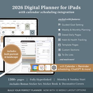 Ultimate 2026 Digital Planner with Calendar Scheduling Links - Goal Planner with iOS Shortcut, ChatGPT integration & goodnotes sticker book