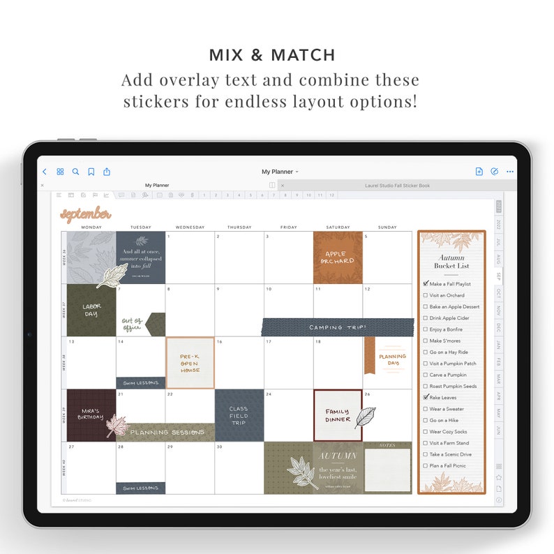 Pu&ograve; includere: Un planner digitale con un calendario di settembre che presenta adesivi per eventi come il Labor Day, un viaggio in campeggio e una cena in famiglia. Gli adesivi sono in colori autunnali e presentano foglie autunnali e altri design stagionali. Il planner include anche un elenco di elementi della lista dei desideri autunnali.