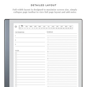 Op de afbeelding: Een zwart-witte printbare plannerpagina met een kalender bovenaan en secties voor topprioriteiten, planning en takenlijsten.