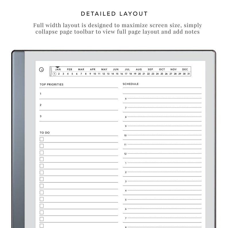 Op de afbeelding: Een zwart-witte printbare plannerpagina met een kalender bovenaan en secties voor topprioriteiten, planning en takenlijsten.