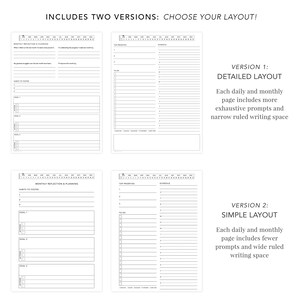 Op de afbeelding: Twee versies van een afdrukbare plannerpagina-indeling. De eerste versie is gelabeld "Gedetailleerde lay-out" en bevat meer prompts en smal geregeerd schrijfgebied. De tweede versie is gelabeld "Eenvoudige lay-out" en bevat minder prompts en breed geregeerd schrijfgebied.
