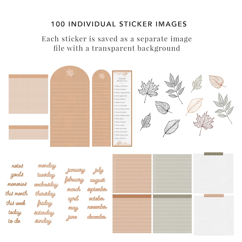 Pu&ograve; includere: Un set di 100 adesivi per planner stampabili a tema autunnale. Gli adesivi includono varie illustrazioni a tema autunnale, come foglie, e testo come "note", "obiettivi", "ricordi", "questo mese", "questa settimana", "oggi", "da fare", "luned&igrave;", "marted&igrave;", "mercoled&igrave;", "gioved&igrave;", "venerd&igrave;", "sabato", "domenica", "gennaio", "febbraio", "marzo", "aprile", "maggio", "giugno", "luglio", "agosto", "settembre", "ottobre", "novembre", "dicembre".
