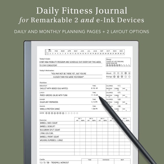Fitness Journal for Remarkable and e-Ink Tablets | remarkable template, remarkable journal,  eink template, workout tracker, fitness tracker