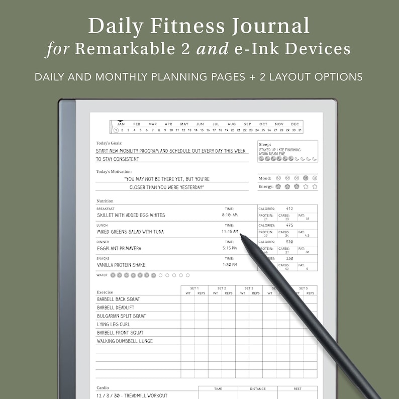 Fitness Journal for Remarkable and e-Ink Tablets | remarkable template, remarkable journal, eink template, workout tracker, fitness tracker image 1