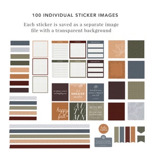 Pu&ograve; includere: Un set di 100 adesivi digitali con design a tema autunnale. Gli adesivi includono vari motivi, colori e testi, come "happy fall", "sweater weather" e "autumn".