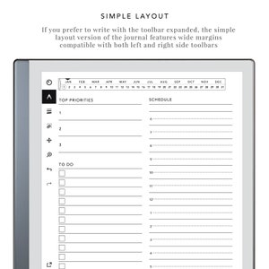 Op de afbeelding: Een zwart-witte digitale planner met een eenvoudige lay-out. De planner heeft een kalender bovenaan, een sectie voor topprioriteiten en een sectie voor planning. De planner is ontworpen om te worden gebruikt met een stylus.