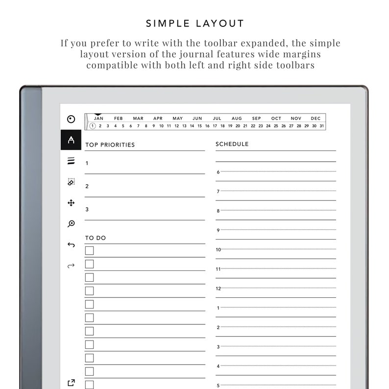 Op de afbeelding: Een zwart-witte digitale planner met een eenvoudige lay-out. De planner heeft een kalender bovenaan, een sectie voor topprioriteiten en een sectie voor planning. De planner is ontworpen om te worden gebruikt met een stylus.