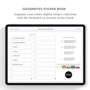 Pu&ograve; includere: Un libro di adesivi digitali per l'app Goodnotes con 20 sezioni per organizzare gli adesivi. Le sezioni includono blocchi decorativi, widget decorativi, note, foglie, nastro washi, etichette, citazioni e bandiere. Il libro ha uno sfondo bianco con testo e linee nere.