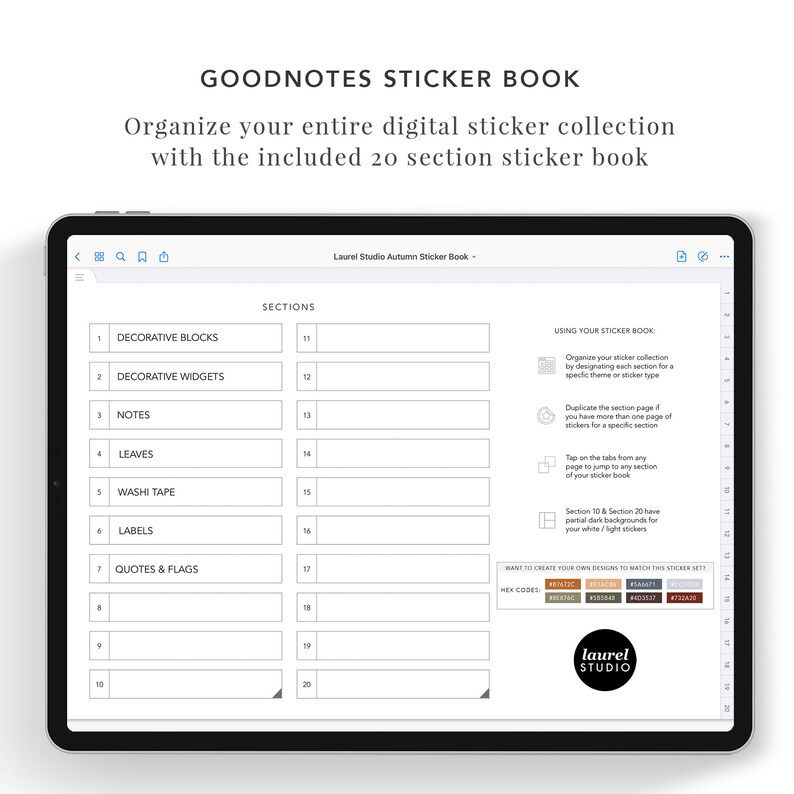 Pu&ograve; includere: Un libro di adesivi digitali per l'app Goodnotes con 20 sezioni per organizzare gli adesivi. Le sezioni includono blocchi decorativi, widget decorativi, note, foglie, nastro washi, etichette, citazioni e bandiere. Il libro ha uno sfondo bianco con testo e linee nere.