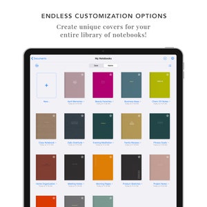 K&ouml;nnte beinhalten: Ein Screenshot eines Tablet-Bildschirms, der eine digitale Notizbuch-App mit einem Raster aus bunten Notizbuch-Covern zeigt. Die App hei&szlig;t "Meine Notizb&uuml;cher" und erm&ouml;glicht es Benutzern, ihre eigenen Notizb&uuml;cher zu erstellen und anzupassen. Die Cover sind alle in verschiedenen Farben und Mustern gehalten, und einige haben Text darauf, wie z. B. "April-Erinnerungen", "Sch&ouml;nheitsfavoriten" und "Gesch&auml;ftsideen".