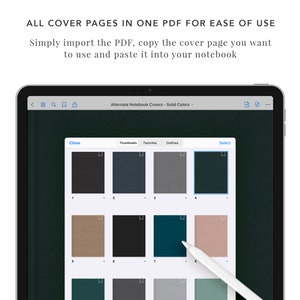 K&ouml;nnte beinhalten: Ein Screenshot eines Tablet-Bildschirms, der eine Auswahl an einfarbigen Notizbuch-Covern zeigt. Die Cover sind in einem Rasterformat mit Vorschaubildern jeder Farbe angeordnet. Der Text "Alternate Notebook Covers - Solid Colors" wird oben auf dem Bildschirm angezeigt.