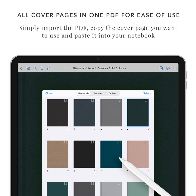 K&ouml;nnte beinhalten: Ein Screenshot eines Tablet-Bildschirms, der eine Auswahl an einfarbigen Notizbuch-Covern zeigt. Die Cover sind in einem Rasterformat mit Vorschaubildern jeder Farbe angeordnet. Der Text "Alternate Notebook Covers - Solid Colors" wird oben auf dem Bildschirm angezeigt.