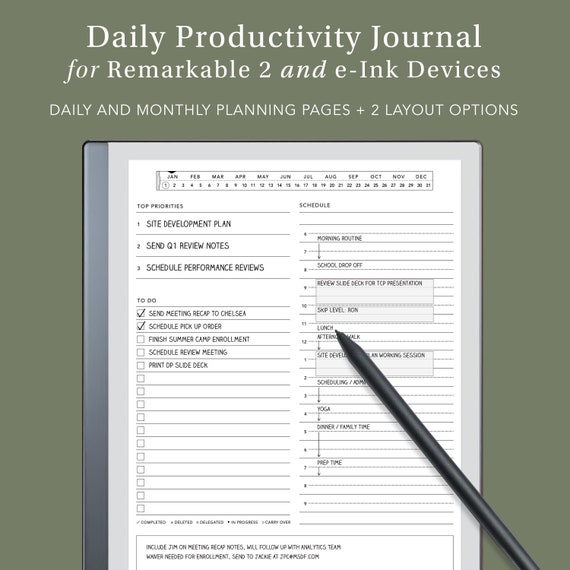 Productivity Journal for Remarkable and e-Ink Tablets | remarkable template, remarkable journal,  eink template, daily journal, time tracker