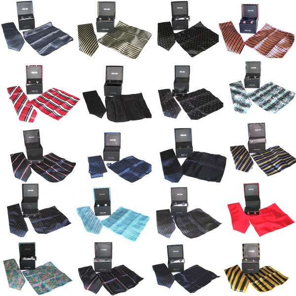 Mystery Lot of 10 Tie, Hanky, Cuff Link Gift Sets WITHOUT Box - Necktie, Handkerchief, Cufflink Set For Men Accessories for Him Groomsman