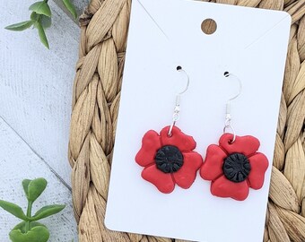 Pendientes hechos a mano de arcilla polimérica de amapola, joyería roja vibrante, ganchos de plata de ley 925, flor floral