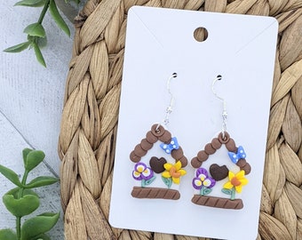 Bird House Earrings Butterfly Flowers Daffodils Yellow Purple Pansy Garden Nature Home Spring Handmade Polymer Clay