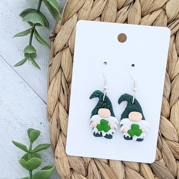 Gnome Shamrock Earrings Green Olive Gold Saint Patrick's Day Paddy's Patty's Celebration Clover 925 Sterling Silver Hooks