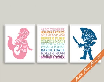 Funny Kids Bathroom Decor Set of 3 Unframed Nautical Bathroom Art Prints Brother Sister Kids Bathroom Mermaid Pirate Ocean Decor