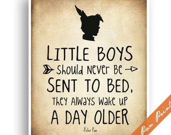 Little Boys Should Never Be Sent to Bed, They Always Wake Up A Day Older - Unframed Art Print (Black on Treasure Map) Peter Pan Poster