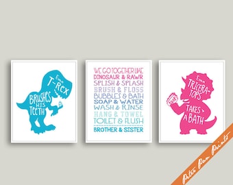 Dinosaur Bathroom Art Prints, Brother & Sister Set of 3 (Unframed)
