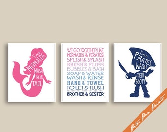 Pirate and Mermaid Nautical Bath Quotes (series C Ombre) Set of 3 Unframed Art Prints (Featured in Hot Pink and Navy) Brother Sister