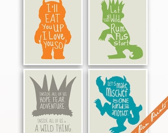 Wild Things Wall Art Quotes Set of 4 Unframed Art Print (Carrot, Green, Gravel, Ocean on Fog) Wild Things Baby Shower