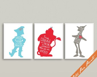 Wizard of Oz Characters Quotes - Set of 3C Unframed Art Prints (Featured in Pool, Red and Gravel) Kids Room Art Poster