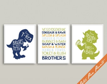 Dinosaur Brothers Bath Quotes Set of 3 Art Prints Unframed (3C Colors Navy, Olive, Sunrise, Powder) Dinosaur Themed Boys Bathroom Decor